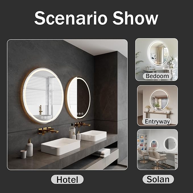 LED Bathroom Mirror 36 Inch Round Bathroom Mirror with Lights,Circle LED Mirror, Wall Mounted Lighted Bathroom with 3 Colors Brightness, Anti-Fog, Dimmable, Shatter-Proof