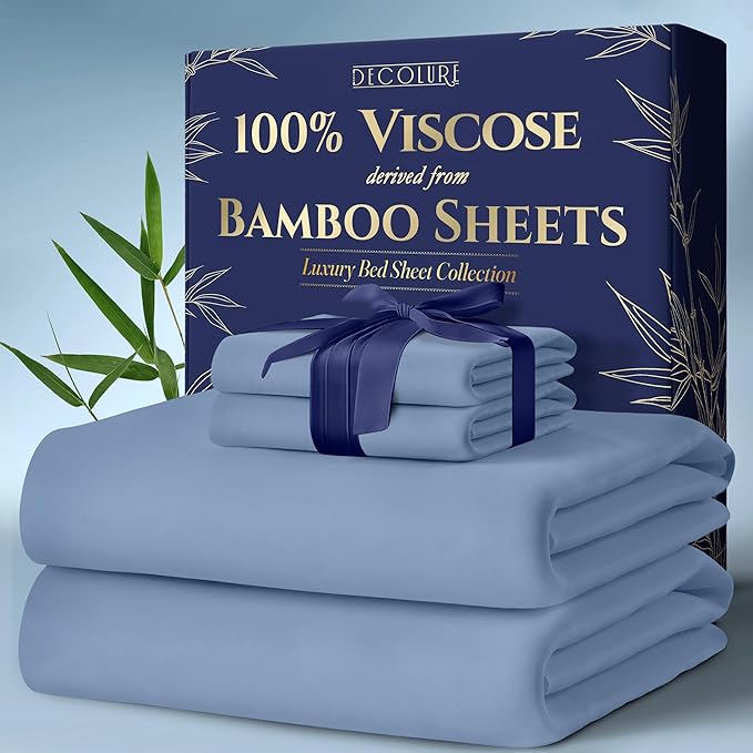 DECOLURE 100% Viscose Derived from Bamboo Sheets Cal King Size 4pcs - Ultra Soft & Luxuriously Cooling, 17" Deep Pocket,Double Stitching,Perfect for Hot Sleepers - King Bed Sheets (Light Blue)