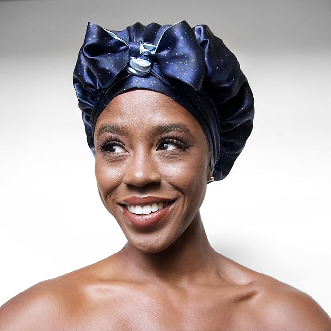 100% Mulberry Silk Bonnet for Sleeping Women, Handmade in USA 19 Momme Double Layer Reversible Silk Hair Wrap with Adjustable Ties, Non-Slip Sleep Cap for Curly & Natural Hair (Midnight)