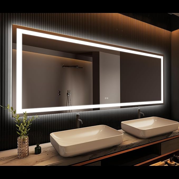 APRILSOUL 60x28 Inch LED Bathroom Mirror with Front and Backlit, Makeup Mirror with 3 Color Lights, Memory Function, Anti-Fog and Dimmable Light (Horizontal)
