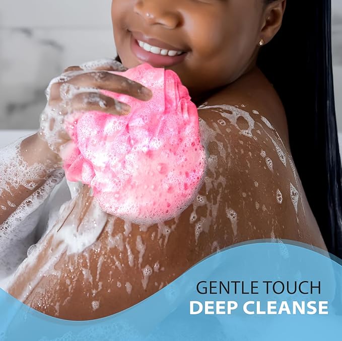 SHOWER BOUQUET Loofah Bath-Sponge XL Pink-4-Pack // Extra Large 75g Soft Mesh Net Luffa Loofa Loufa Lufa Puff Set/Exfoliating Body Scrubber for Women and Men - Exfoliate & Soothe Face & Body