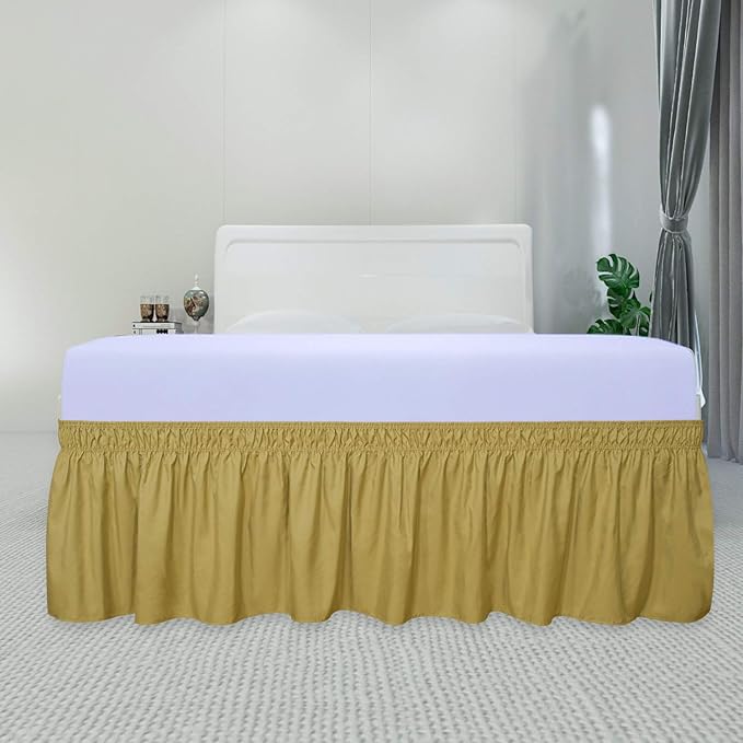 PureFit Wrap Around Ruffled Bed Skirt with Adjustable Elastic Belt - 14 Inch Drop Easy to Put On, Wrinkle Free Bedskirt Dust Ruffles, Bed Frame Cover for Queen, King and C-King Size Beds, Gold