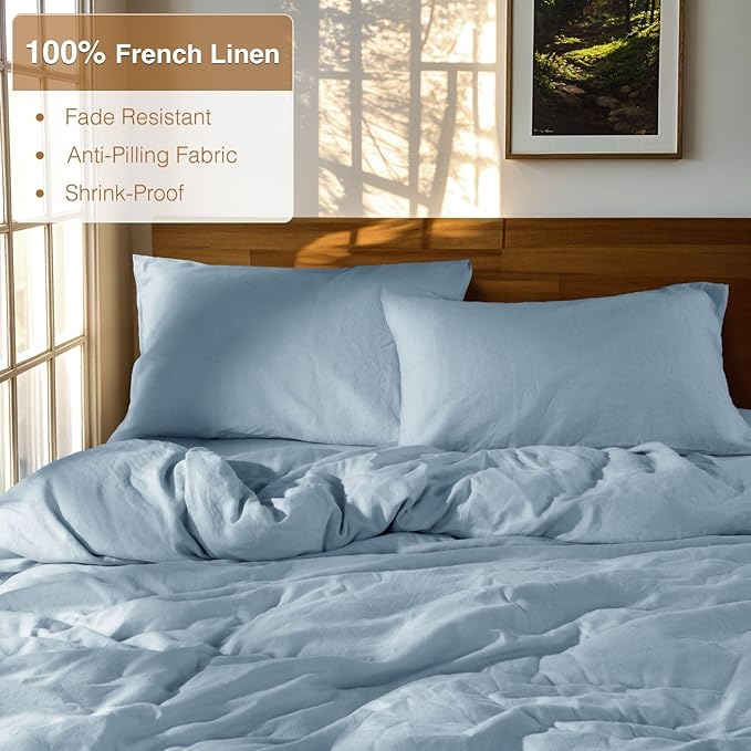 SONORO KATE 100% French Linen Duvet Cover King Size, Soft Breathable for Hot Sleepers, Moisture Wicking & Durable Cover Set - Zipper Closure & 4 Corner Ties Duvet Covers 3 Piece (Dusty Blue,King)