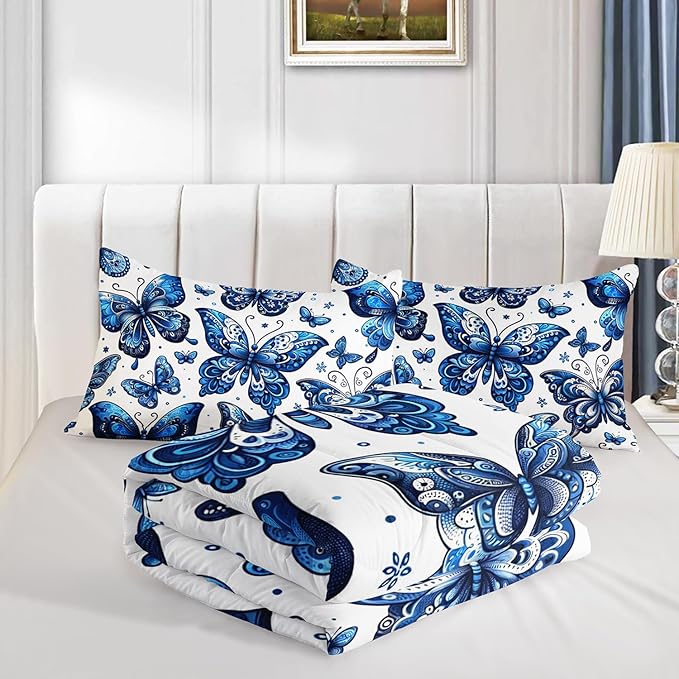 Blue Butterfly Comforter Bedding Set Full Size,Bohemian Style Blue Series Bedding for Kids Girls Boys,Insect Themed Children's Bedding Soft Fluffy Comforter Sets with 2 Pillowcases.