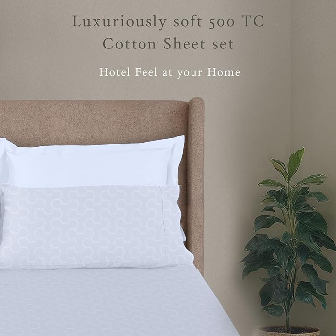 Threadmill 500 Thread Count Twin-XL Size 3 Pc Luxury Cotton Bed Sheet Set, Jacquard Floria Hotel White, Breathable Sheets with 15" Elasticized Deep Pocket, 1 Pillowcase & Free Tote Bag