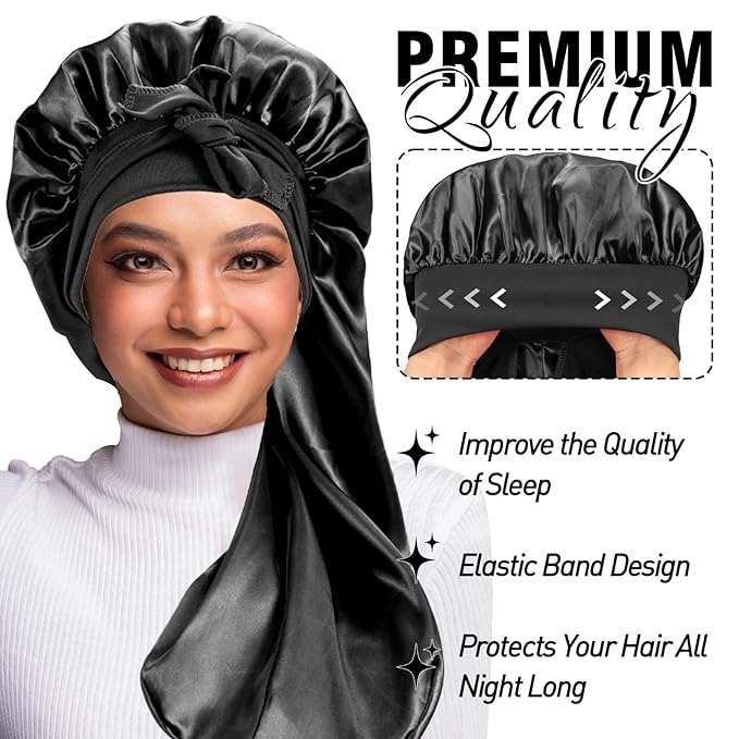 2Pcs Bonnets for Black Women Braid Bonnet, Large Long Satin Silk Bonnet for Braids,Black Women Braid Bonnet with Stretchy Tie Band for Sleeping Extra Long (Black&Light Purple Pattern