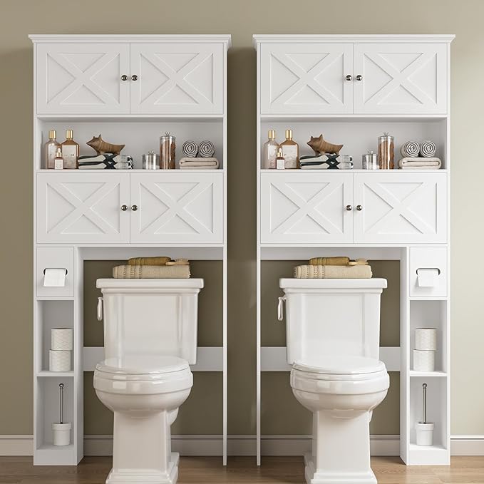 Over The Toilet Storage Cabinet, Farmhouse Storage Cabinet Over Toilet with 4 Barn Doors & Toilet Paper Holder Stand, White Toilet Shelf Home Space Saver for Restroom, Bathroom, Laundry