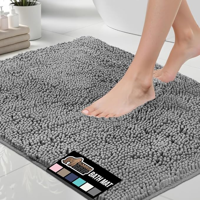 GORILLA GRIP Bath Rug Mat 60x24, Thick Soft Absorbent Chenille, Quick Dry Microfiber Mats, Rubber Backing Washable Shower Floor Rugs, Bathmat Runner, US Designed Bathroom Home Decor Accessories Grey
