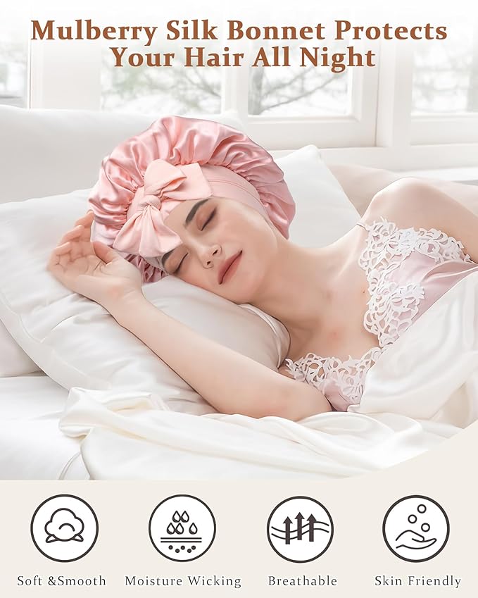 100% Mulberry Silk Bonnet for Sleeping Women Double Layer Silk Hair Bonnet Natural Silk Sleep Cap with Elastic Reversible Hair Wrap (Pink+Beige)