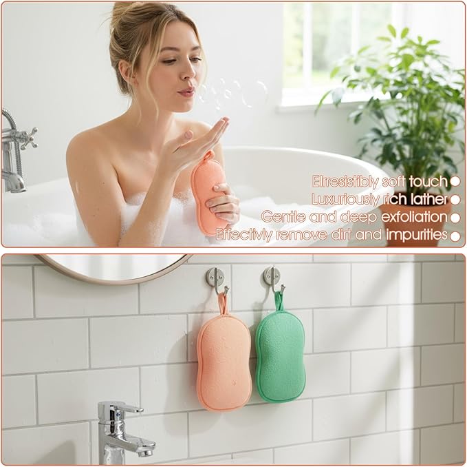 2Pcs Bath Sponge, Ultra Soft Absorbent Sponge for Bathing, Exfoliating Shower Loofah Sponges Bathing Tool for Men Women Body Skin(Green+Orange)
