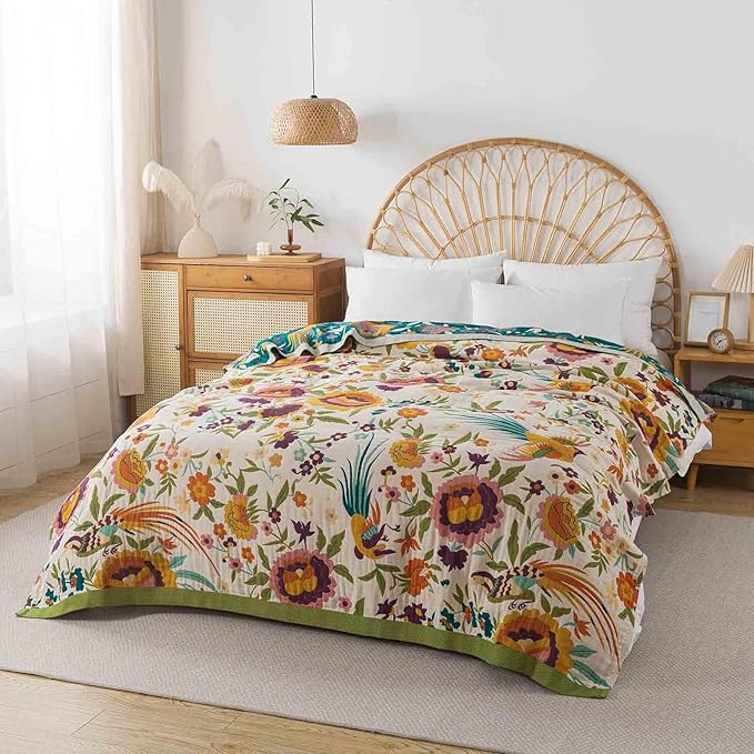 Qidordour Boho Throw Blanket, 60"x80" Muslin Blankets, 100% Organic Cotton Blanket for Couch Sofa, Lightweight Quilt, All Season Bed Throw, Farmhouse Home Decor, C-Phoenix Floral