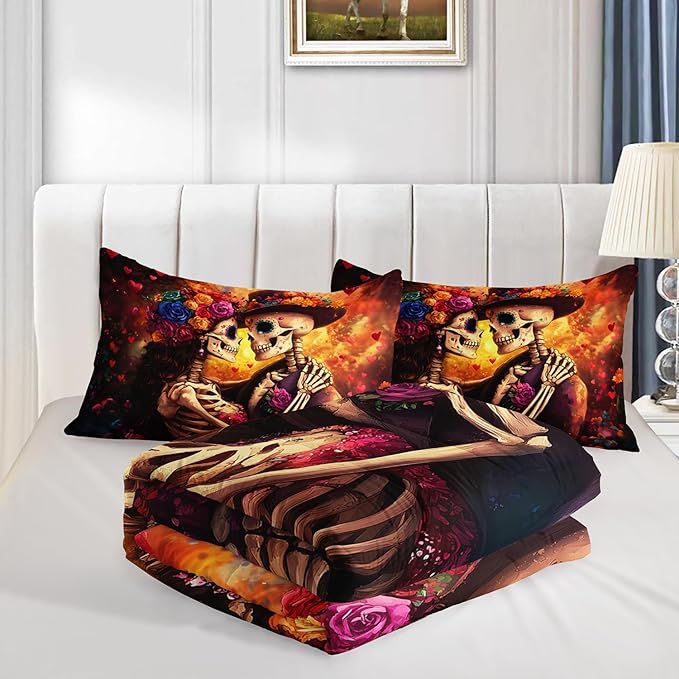 Skull Printed Comforter Set Queen Size,Skeleton Couple Embrace Bedding Romantic Flower Comforter Set for Kids Girls Room Decor,Artistic Aesthetics Bedding Set with 2 Pillowcases.