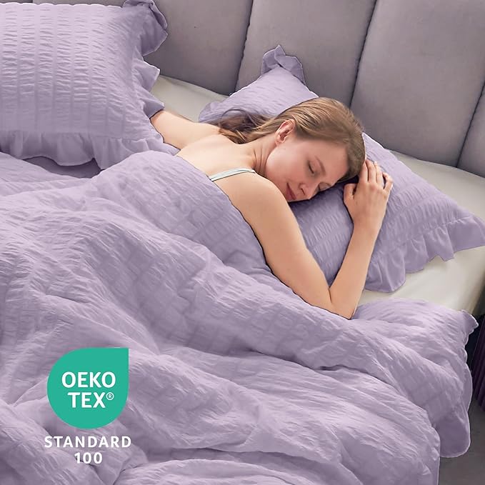 JOLLYVOGUE Lavender Comforter Full Size, 3 Pieces Seersucker Lightweight Full Size Bedding, All Season Fluffy Microfiber Bedding Comforter Set with 1 Ruffle Comforter and 2 Ruffle Pillowshams