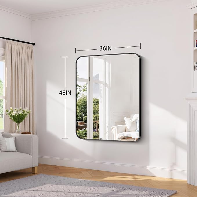 Koonmi Black Framed Bathroom Mirror - 36x48 Inch Shatterproof Tempered Glass Vanity Mirror for Bathroom Sink, Wall Mounted with Matte Aluminum Alloy Frame, No Distortion, Modern Decor