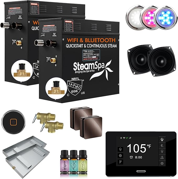 SteamSpa Steam System 15kW Steam Shower Generator with Bluetooth Wifi, Quickstart Continous Steam, Advanced Touch Pad Screen, Chroma Lights, Drain Pan and Auto Drain Oil Rubbed Bronze RVBS1500ORB-A