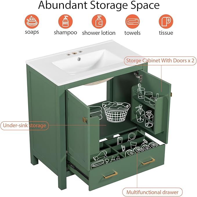 60" Bathroom Vanity Set with Double Vanities, Double Ceramic Sinks, Storage Shelf, Soft Closing Doors, Divided Drawers (Mirror not Included), Large Bathroom Vanity Sink Set (Green)