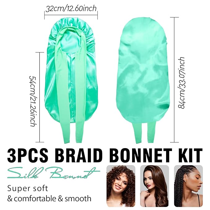 3Pcs Bonnets for Black Women - Satin Silk Bonnet with Stretchy Tie Band for Braids, Long Curly Hair (Black, Green, Brown)