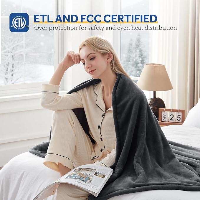 Sealy Electric Blanket King Size 100"x90", Soft Double Flannel Heated Blanket with 10 Heat Levels & 1-12 Hours Auto Shut Off, Machine Washable, Even Heat Distribution, Charcoal
