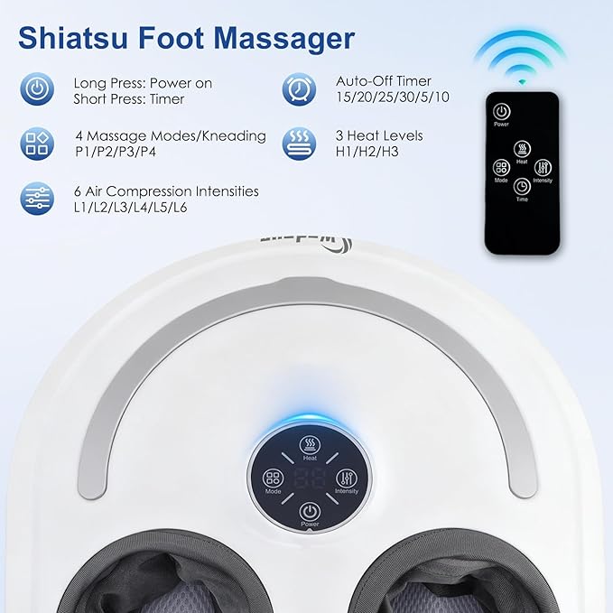 Foot Massager with Heat Shiatsu Feet Massage Machine Deep Kneading Relief for Plantar Fasciitis Air Compression 3 Heat Levels, Relax for Home Office Use, Christmas Gifts for Women Mom Dad White