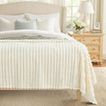 decorUhome Christmas Soft Fleece Cream White Blanket Queen Size for Bed, Cozy Fluffy Plush Flannel Large Striped Throws for Couch Sofa, Lightweight Decorative Fuzzy Blanket for Woman, 90x90 Inches