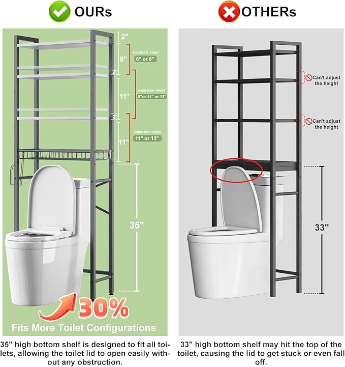 Over-The-Toilet Storage Rack, 4-Tier Bathroom Organizer Shelf Over Toilet with Adjustable Shelf and Basket, Freestanding Space Saver Bathroom Shelves Above Toilet for Room (Gray- White)