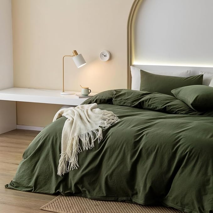 JIYUAN 100% Washed Cotton Duvet Cover Set 3 PCS Super King Plus, 1 Duvet Cover 120x120 Inches(Comforter Not Included) and 2 Pillowcases,Linen Feel Bedding Set Comfy and Breathable,Olive Green