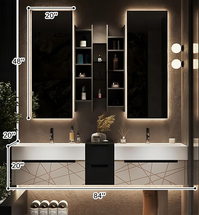 Double Bathroom Vanity with Sink, Floating Modern Bathroom Vanity Set Includes LED Smart Defogging Mirror and Open Storage Wall Cabinet, Solid Wood Bathroom Cabinet with Large Drawer (Apricot, 84")