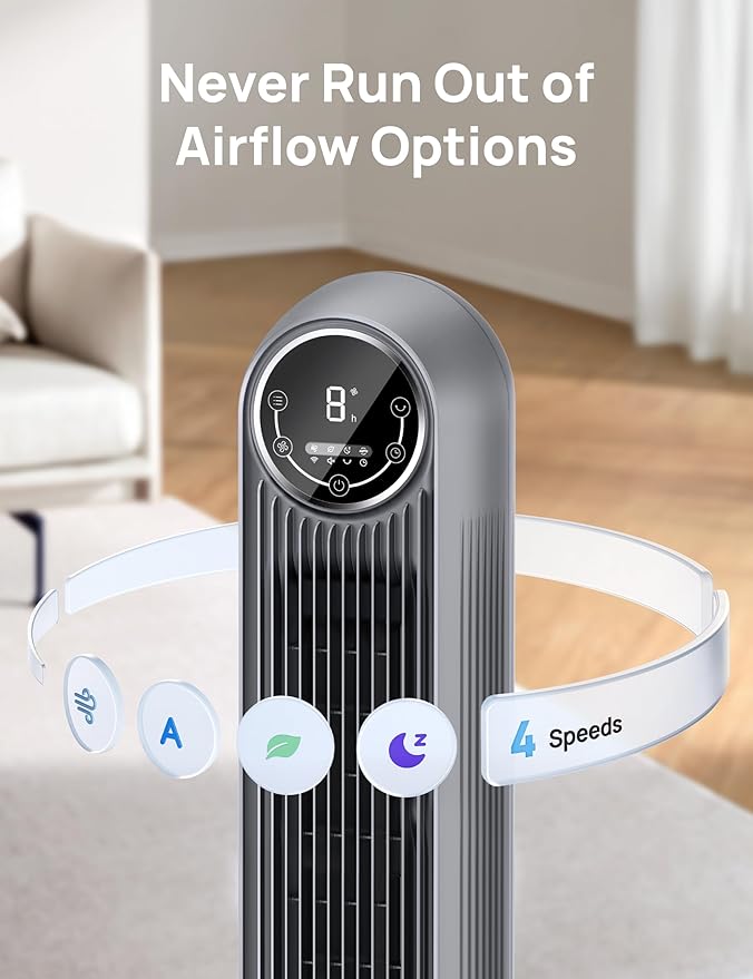 Dreo Tower Fan for Bedroom, 25ft/s Velocity Quiet Floor Fan, 90° Oscillating Fans for Indoors with 4 Speeds, 4 Modes, 8H Timer, Bladeless Fan, Standing Fans, Grey, Nomad One (DR-HTF007)