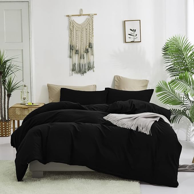 Cottonight Black Comforter Set Full Men Boys Black Bedding Set Modern Dark Color Soft Quilts Blanket Modern Gothic 3 Piece Plain Comforter for Women Men Full Bed