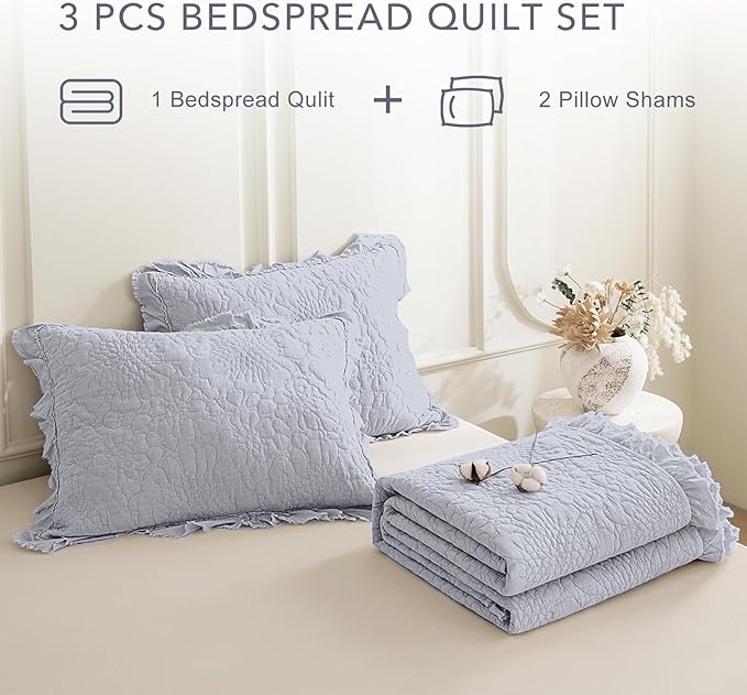 QSH 3PCs Cornflower Blue Oversized King Quilt Bedspread Set(120"x120"),Stonewashed Cotton Ruffle Quilt California King,Soft Lightweight Crinkled Shabby Bedspread Coverlet Bedding Set for All Seasons