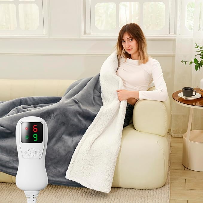 Heated Blanket Electric Blanket Throw Size with Foot Pockets & Sleeves, Flannel Heating Blanket with 9 Heating Levels & 1-9 Hours Auto Off, Fast Heating & Overheat Protection, 50" x 70", Deep Gray