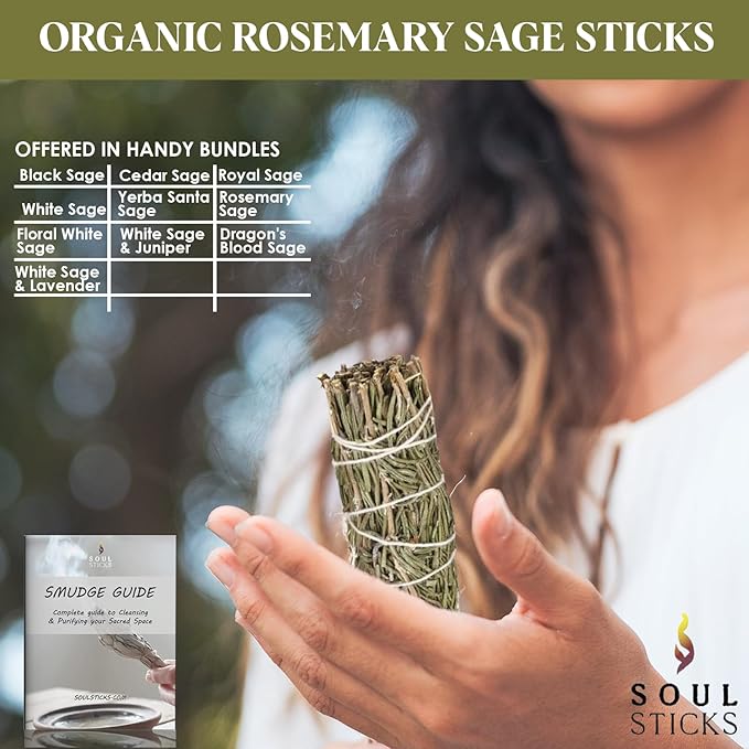 Soul Sticks 1 Pack 9 Inch Rosemary Sage Smudge Stick with Starter Guide | House Blessing | Sage for Cleansing House | Smudge Stick for Negative Energy