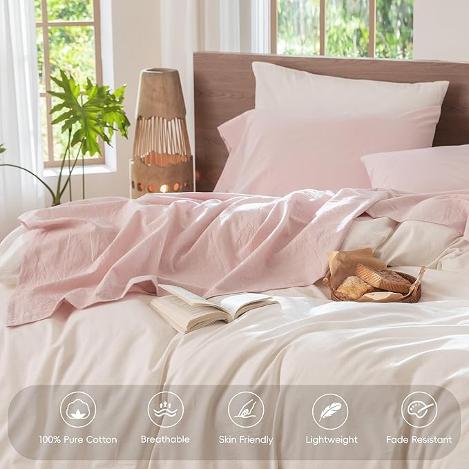 MooMee Bedding Sheet Set 100% Washed Cotton Linen Like Textured Breathable Durable Soft Comfy (Heathered Greyish Pink, Twin)