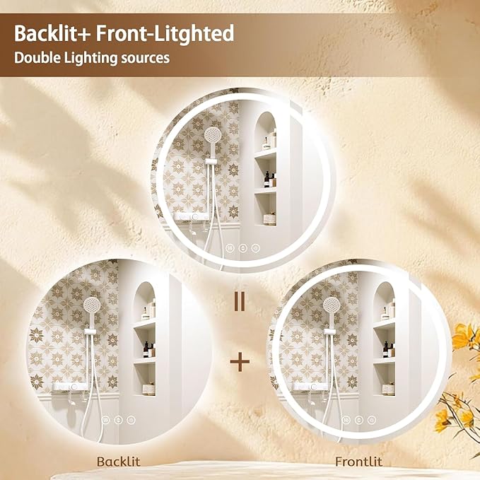 Round LED Bathroom Mirror with Lights, Backlit & Front Lighted, Wall-Mounted Vanity Mirror 3000K/4000K/6000K, Memory Functions, Anti-Fog, Dimmable Smart Mirror (Round 28" x 28")