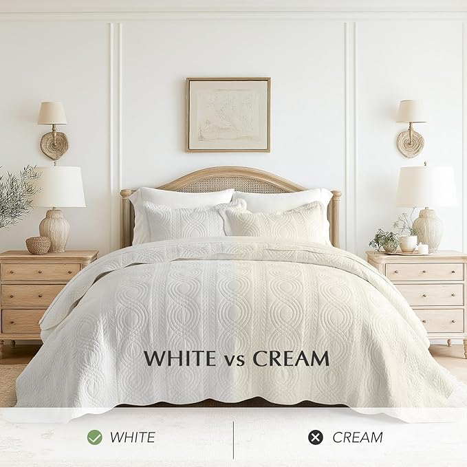 EVERGRACE 100% Cotton Scallop Quilt Set, Queen Size 3 Piece Set – Lightweight Bedspread with 2 Shams, Soft Prewashed Matelasse Coverlet for Cozy and Elegant Bedding, Bright White