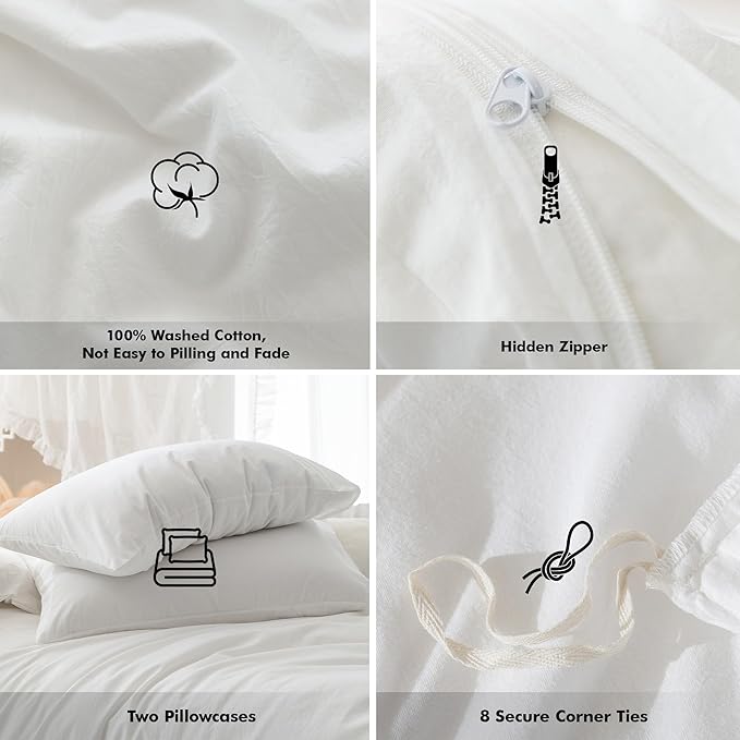 FOSSA White Duvet Cover Set, 100% Washed Cotton Linen Feel Super Soft Breathable Cozy 3 Pieces Bedding Sets Solid Off White Queen