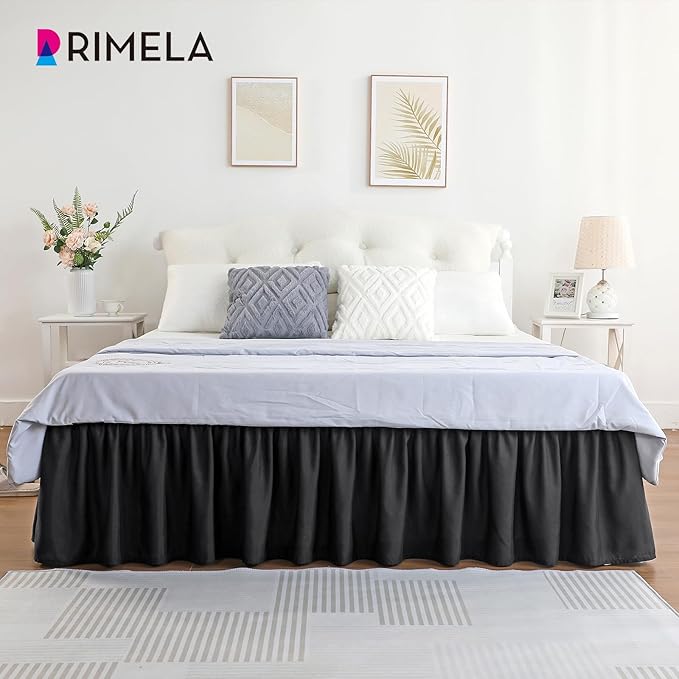 RIMELA Black Bed Skirt King Size 18 Inch Drop, Elastic Bed Skirting for Bed Base and Frame, Bedding Dust Ruffle Easy to Install, Lightweight Wrap Around Adjustable Bedskirt