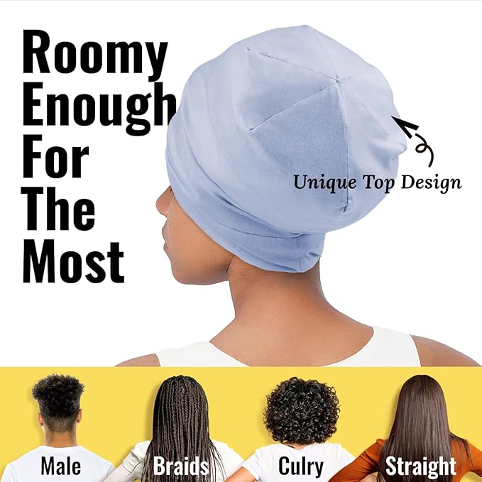 Satin Lined Sleep Cap Bonnet for Curly Hair and Braids, Stay On All Night Hair Wrap with Adjustable Strap for Women and Men, Light Blue, Pack of 1