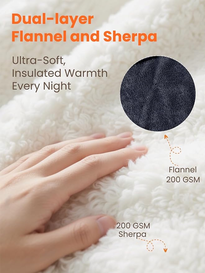 Electric Heated Blanket Twin, Ultra‑Cozy Premium Flannel & Sherpa, Even Heat Distribution & Stable Temp, 1–10H Auto‑Off, 8 Temps (86–125.6°F), Overheat Protection, Ideal Gifts for Grandma