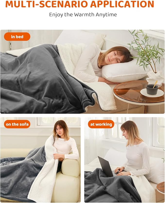 Heated Blanket Electric Blanket Throw Size, Super Soft Cozy Upgraded Flannel Heating Blanket with 9 Heating Levels & 1-9 Hours Auto Off, Fast Heating & Overheat Protection, 50" x 60", Iron Gray