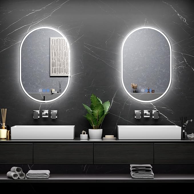Bathroom Mirror 26"x38" LED Bathroom Mirror with Lights, Anti-Fog, Dimmable Oval Mirrors with Front Light and Backlit, Modern Farmhouse Wall Mounted Mirror for Decorative