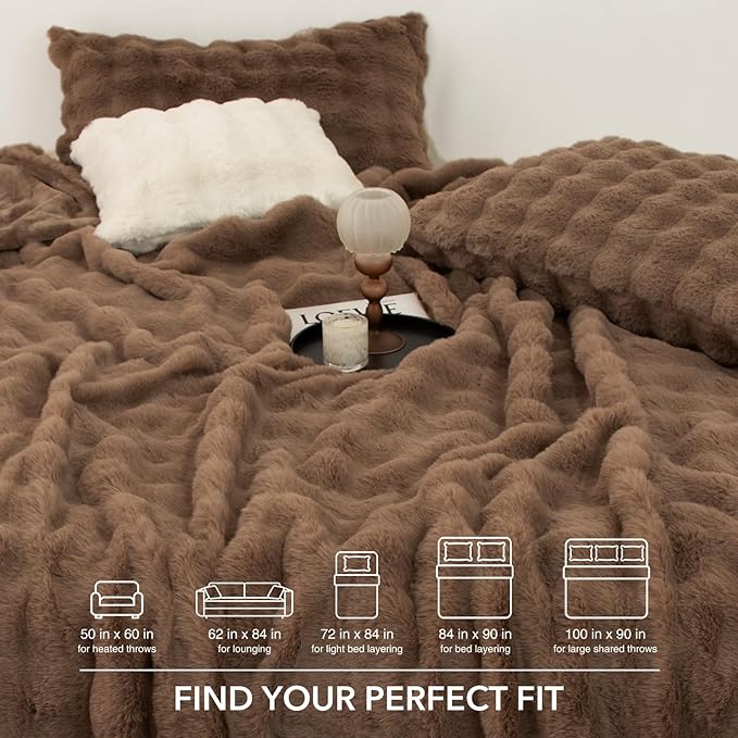 Faux Rabbit Fur Bubble Electric Blanket Queen Camel - Fluffy Thick Heated Blanket with Dual Control, 6 Heating Levels & 10 Timer Settings, Overheat Protection, Room Home Decor (84" x 90")