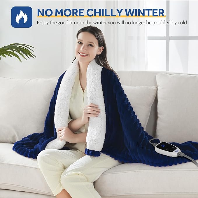 SEALY Heated Blanket Electric Throw, 50"x60" Heating Blanket Throw, 6 Heat Levels & 2-10 Hours Auto-Off Over-Heat Protection, Ribbed Flannel to Sherpa, Machine Washable, Navy Blue
