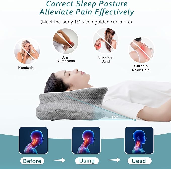 Cervical Neck Pillow for Pain Relief Sleeping, Contour Memory Foam Pillow, Ergonomic Side Sleeper Pillow for Adults, Cooling Orthopedic Neck Support Pillow for Back Stomach Sleepers