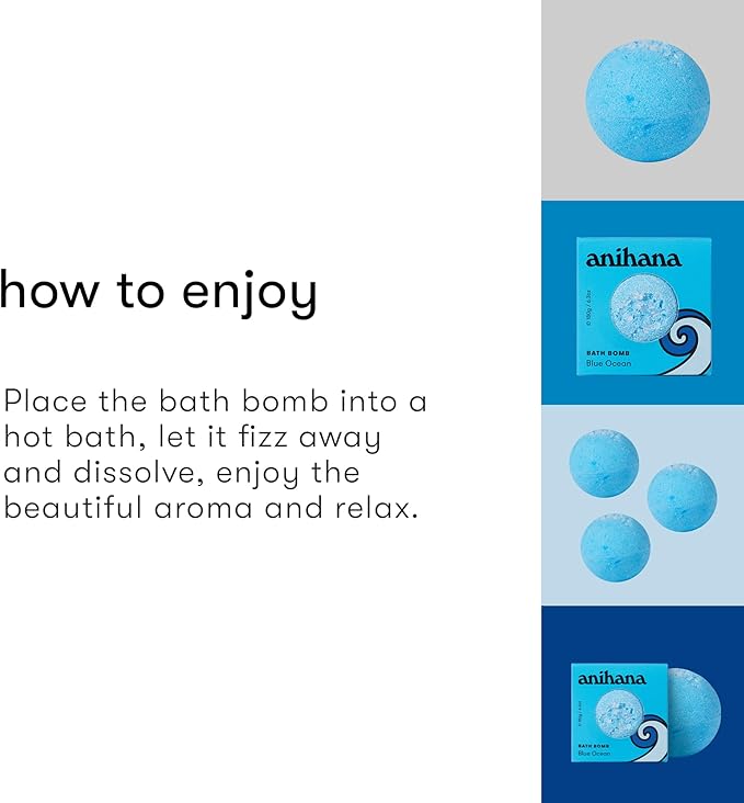 ANIHANA Bath Bombs with Coconut Oil, Paraben Free, Hand-Crafted Luxury Fizzers, Refreshing Blue Ocean Scent, 6.3 oz Each, 3 Pack