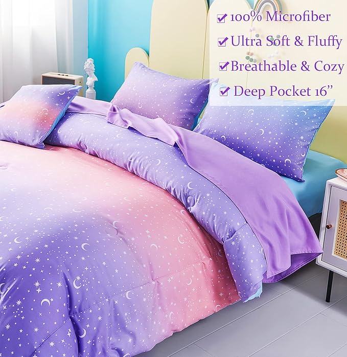 URBONUR Twin Comforter Set for Girls 6Pcs Bed in a Bag Gradient Purple Orange Blue Moon Stars Comforters Soft Lightweight Kids Bedding Set for All Season (Star, Twin Size)