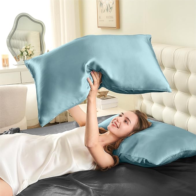 INFIIXSO Mulberry Silk Pillowcase for Hair and Skin, Silk Pillow Cases Queen Size Set of 2 with Hidden Zipper 20x30 Inches, Smooth and Soft Cooling Pillow Cases for Hot Sleepers(Haze Blue, 2 Pack)