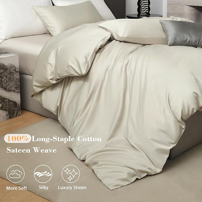 PURE ERA Duvet Cover Set 800 Thread Count Long Staple Cotton Sateen Soft Luxurious Smooth 3 Piece Set Beige King