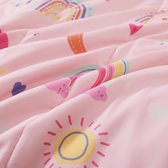 Glow in The Dark Twin Size Comforter Set for Girls, Pink Rainbow Bedding Set for Kids 1 Comforter, 1 Decor Pillow, 1 Pillow Sham