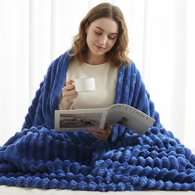 decorUhome Christmas Soft Fleece Navy Blue Throw Blanket for Couch, Cozy Fluffy Plush Flannel Striped Blanket for Sofa Bed, Lightweight Decorative Ribbed Fuzzy Blanket for Woman, 50x60 Inches